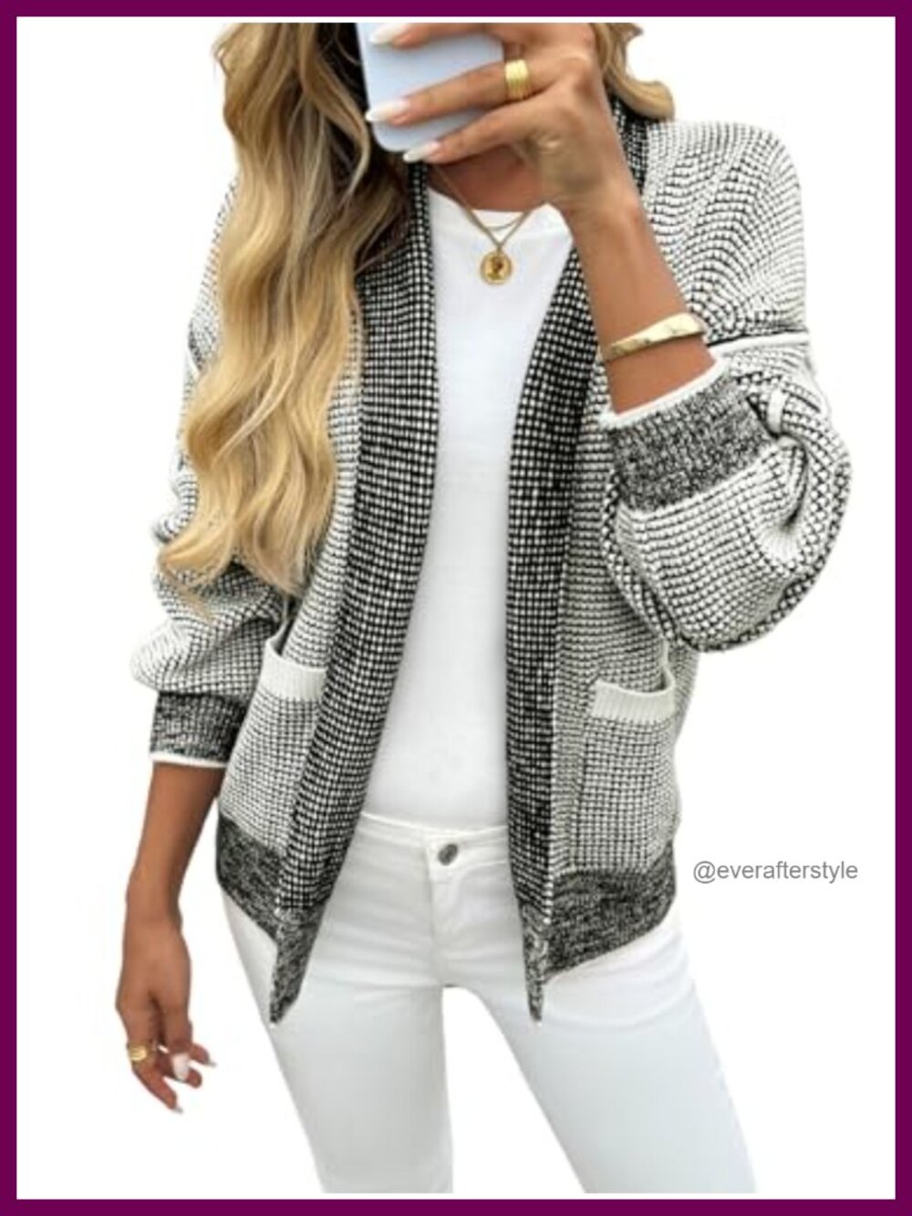 Waffle Knit Open Front Cardigan with Pockets